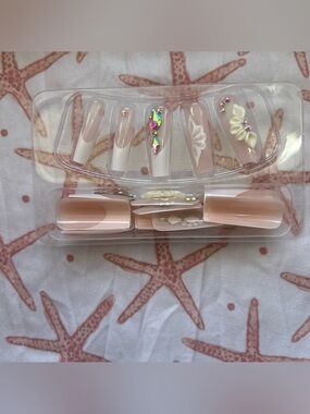 Neutral Pink Acrylic Press-On Nails with Rhinestones & 3D Floral Accents